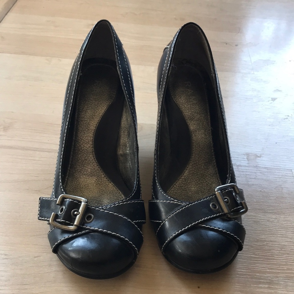 Black buckle wedges